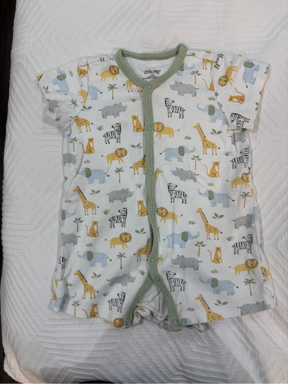 Little Me Safari Print Short Sleeve Romper - White with Green Trim